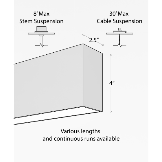 12100-20-P suspended pendant light shown with black finish and flush lens