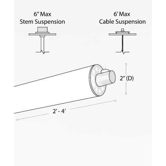 Alcon 12168-1-H-P, suspended linear pendant light shown in silver finish and with a central cylindrical lens.