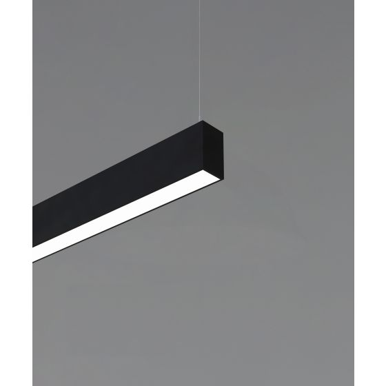 12100-12-P linear LED pendant light shown with black finish and diffuser lens