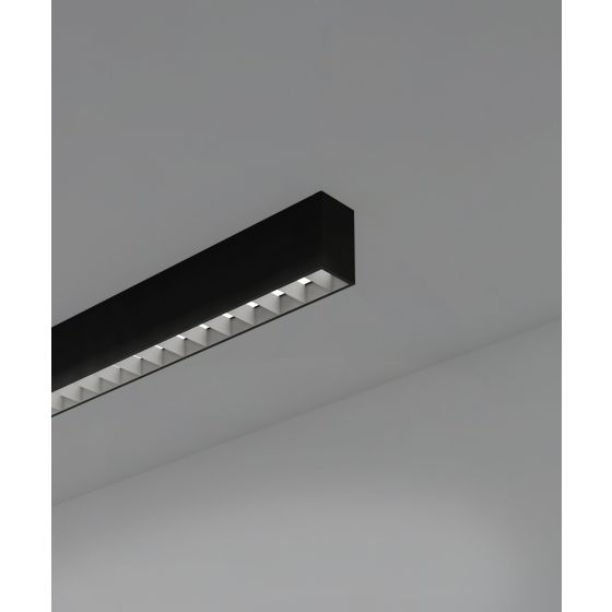 12100-12-S-L linear LED ceiling light shown with black finish and louver lens