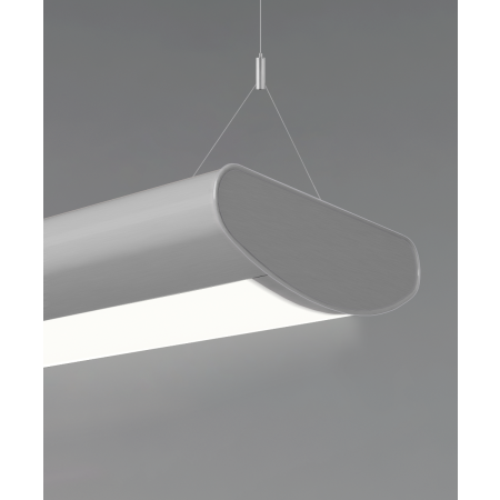 Alcon 12032-P-VE rounded half-moon shaped suspended pendant light shown in steel finish with central curved lens.