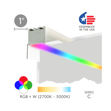 Alcon 12100-10-R-PR-RGBW, recessed linear perimeter ceiling light shown in silver finish, with a flush trim-less lens, and color changing capabilities.