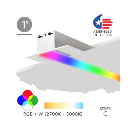 Alcon 12100-10-R-RGBW, recessed linear ceiling to wall light shown in silver finish and with a flush trim-less lens.