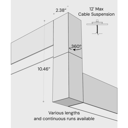 12100-22-P-Z 3D suspended linear LED lighting system shown with black finish and diffuser lens