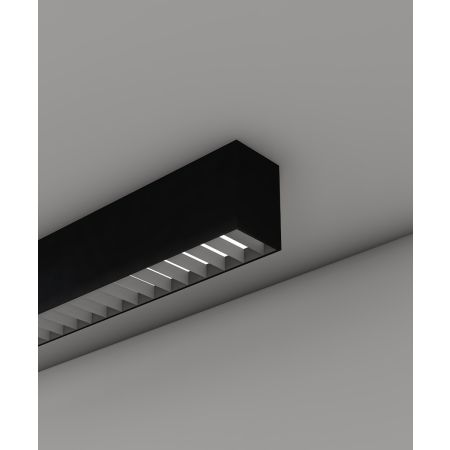 12100-22-S-L linear LED ceiling light shown with black finish and louver lens