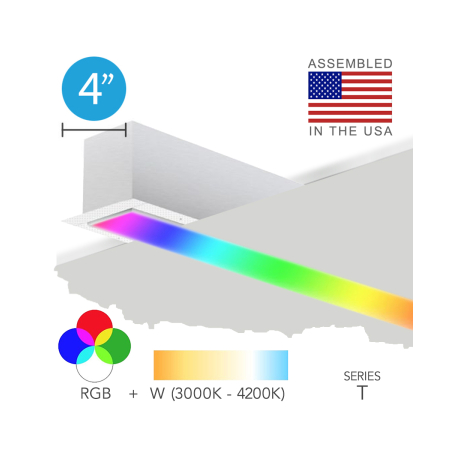 Alcon 12100-40-R-RGBW, recessed linear ceiling light shown in white finish, with a flush trim-less lens, and color changing capabilities. 