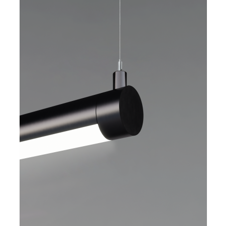 Alcon 12100-R2-P, round suspended pendant light shown in satin black finish and with a flushed curved lens.