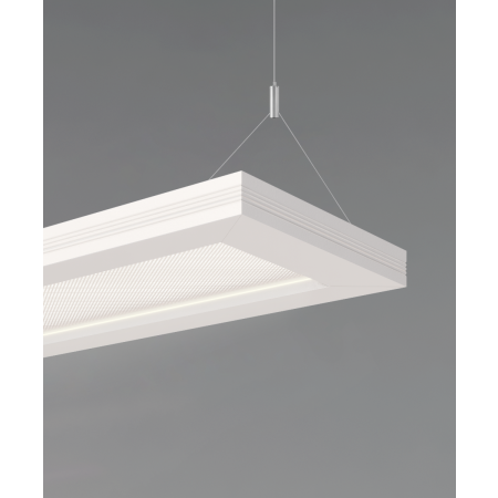 Alcon 12112-P, slim rectangular pendant light shown in white finish with Y-cable suspension and glare resistant  lens.