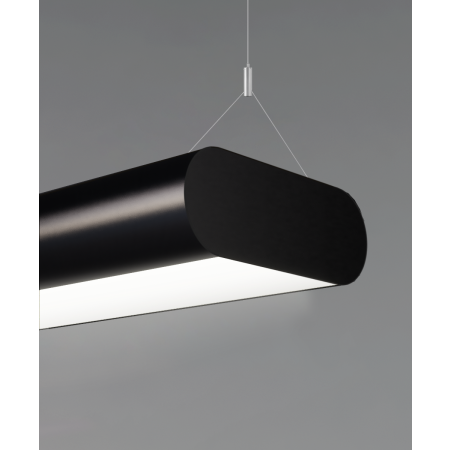 Alcon 12146-P, pill shaped suspended pendant light shown in satin black finish and with a central flushed lens.