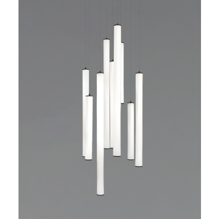 Alcon 12146-9R Suspended commercial vertical cylinder pendant shown with slim black end caps and 360 wrapping illuminated lens. Shown in a set of 9 at various lengths.