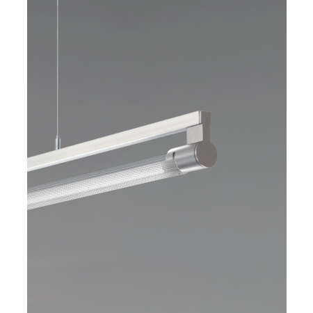 Alcon 12160-P-PD, suspended linear pendant light shown in silver finish, with a rotating cylindrical half-lite lens, and a curved perforated lens cap.