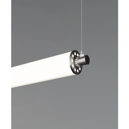 Alcon 12168-1-H-P, suspended linear pendant light shown in silver finish and with a central cylindrical lens.