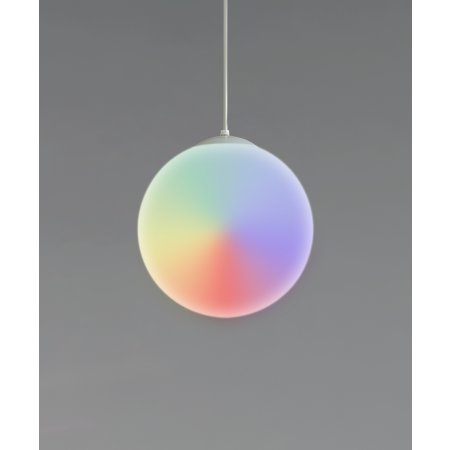 Product rendering of the 12213-RGBW glass globe pendant light, featuring an opal glass globe suspended by a white cable