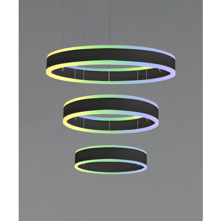 Alcon 12270-3-RGBW-P, suspended commercial 3 tiered ring pendant light shown in black finish.