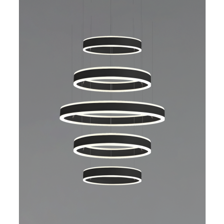 Alcon 12270-5-P, suspended commercial 5 tiered ring pendant light shown in black finish.