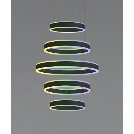 Alcon 12270-5-RGBW-P, suspended commercial 5 tiered ring pendant light shown in black finish.