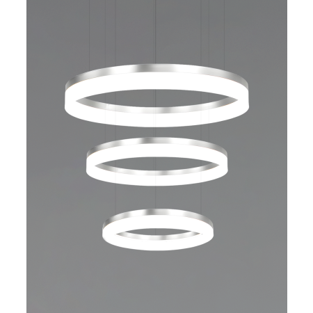 Alcon 12272-3-P, three-layered tiered suspended commercial ring pendant light shown in silver finish and with a flush trim-less lens.