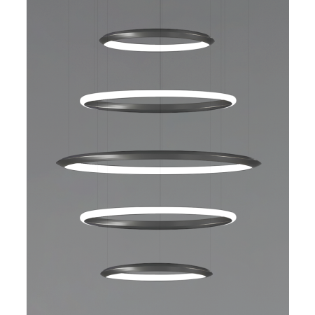 Alcon 12279-5-P, suspended commercial 5 tiered ring pendant light shown in black finish.