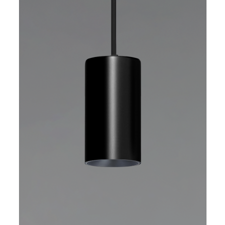 Alcon 12303-P, suspended commercial beveled-lens cylindrical pendant light shown in black finish.