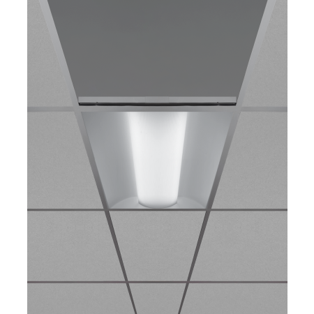 Alcon Lighting Product rendering of the 14150-R recessed center-basket troffer light shown in two-foot by two-foot square size.