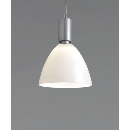 Alcon 15235, suspended commercial pendant light shown in silver finish and with an open bowl-shaped white acrylic lens.