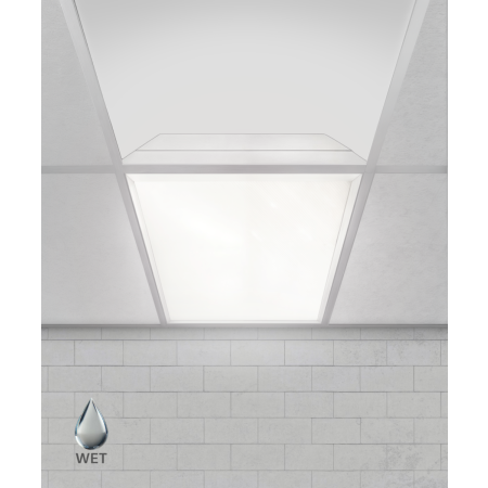 Alcon Lighting Product rendering of the 14709-WET wet-location LED troffer light with a corrosion-resistant white finish. Wet location certified.