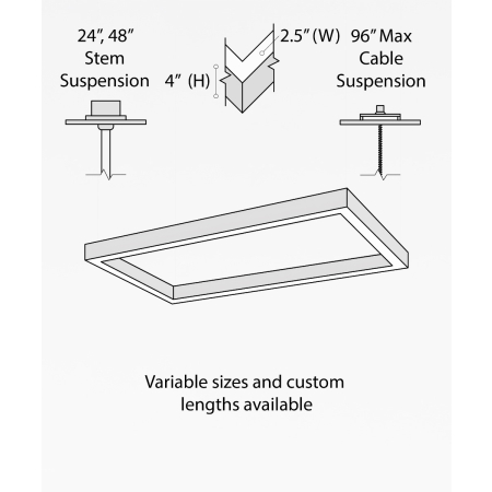 12100-20-RC-P, rectangular shaped suspended pendant light shown with black finish and flush lens