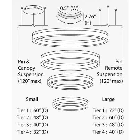 Alcon 12272-4-P, suspended commercial 4 tiered ring pendant light shown in silver finish.