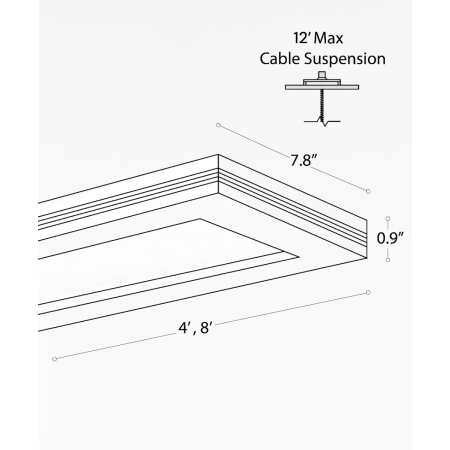 Alcon 12112-P, slim rectangular pendant light shown in white finish with Y-cable suspension and glare resistant  lens.