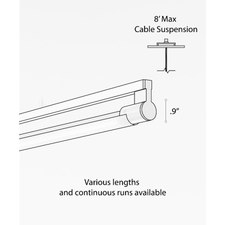 Alcon 12160-P-PD, suspended linear pendant light shown in silver finish, with a rotating cylindrical half-lite lens, and a curved perforated lens cap.