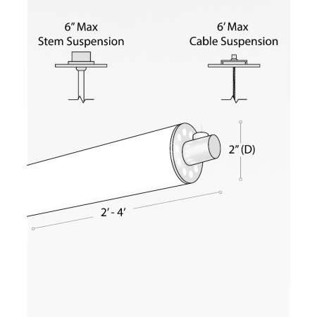 Alcon 12168-1-H-P, suspended linear pendant light shown in silver finish and with a central cylindrical lens.