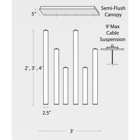 Alcon 12146-6L Suspended commercial vertical cylinder pendant shown with slim black end caps and 360 wrapping illuminated lens. Shown as a 6 tube linear modern pendant set at various lengths