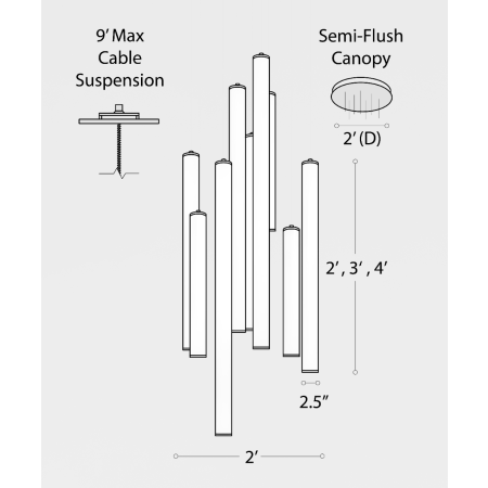 Alcon 12146-9R Suspended commercial vertical cylinder pendant shown with slim black end caps and 360 wrapping illuminated lens. Shown in a set of 9 at various lengths.