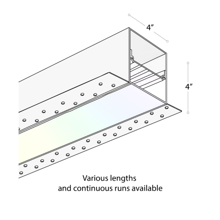 Alcon 12100-40-R-RGBW, recessed linear ceiling light shown in white finish, with a flush trim-less lens, and color changing capabilities. 