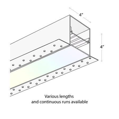 Alcon 12100-40-R-RGBW, recessed linear ceiling light shown in white finish, with a flush trim-less lens, and color changing capabilities. 