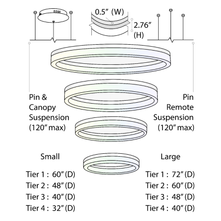 Alcon 12272-4-RGBW-P, suspended commercial 4 tiered ring pendant light shown in silver finish.