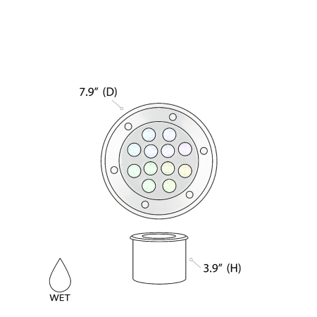 Alcon 9034-12 RGBW Color tunable in-ground can light shown in a silver finish.