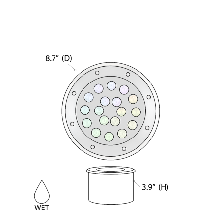 Alcon 9034-18 RGBW Color tunable in-ground can light shown in a silver finish.