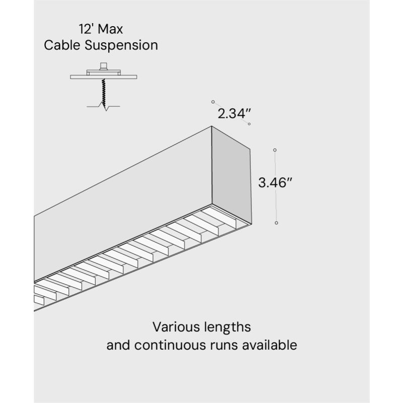 12100-22-P-L linear LED pendant light shown with black finish and 2-inch louver lens