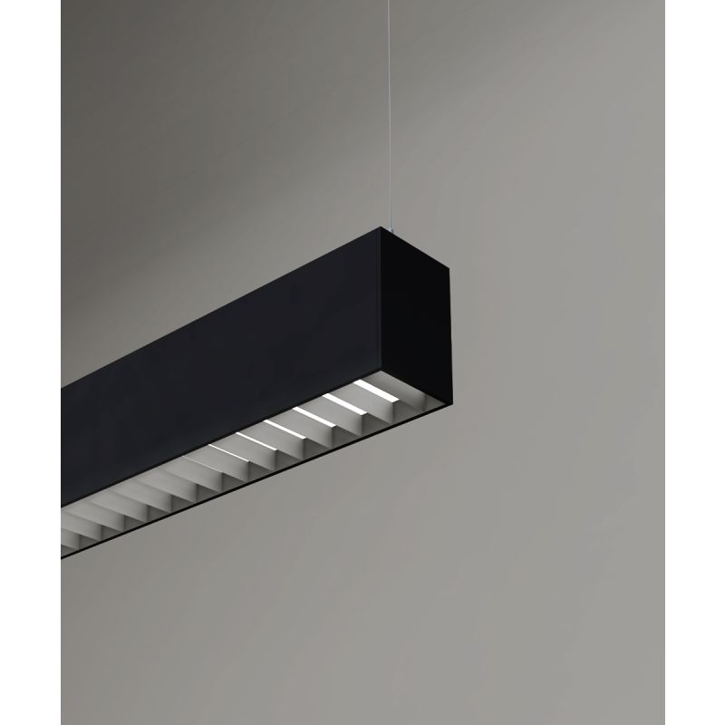 12100-22-P-L linear LED pendant light shown with black finish and 2-inch louver lens