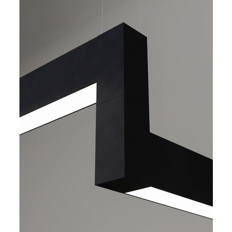 12100-22-P-Z 3D suspended linear LED lighting system shown with black finish, 2-inch diffuser lens and z-connector