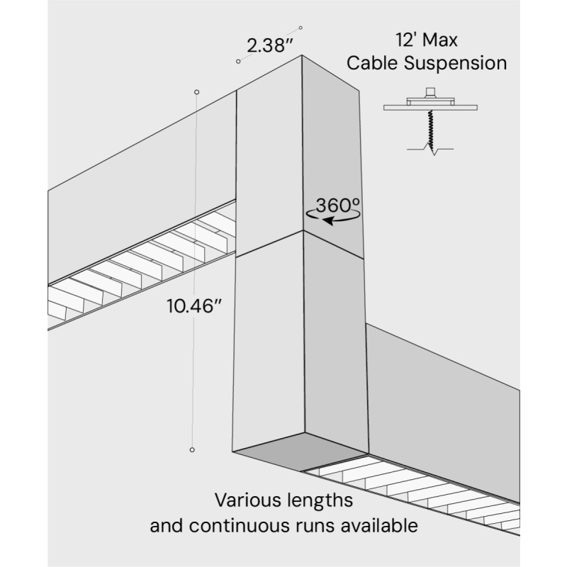 12100-22-P-Z-L 3D suspended linear LED lighting system shown with black finish, louver lens and z-connector