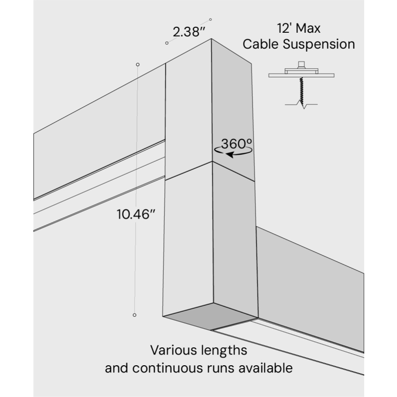 12100-22-P-Z-R 3D suspended linear LED lighting system shown with black finish, regressed lens and z-connector