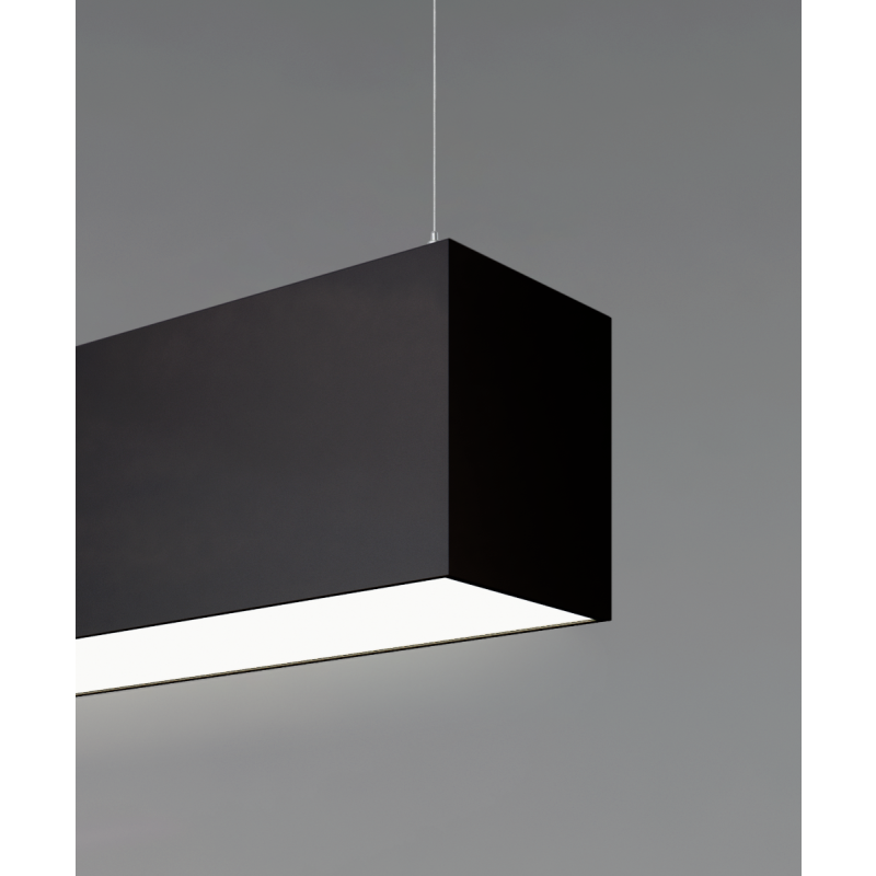 12100-40-P 4-inch LED linear pendant light shown with a black finish, flush lens and aircraft cable suspension