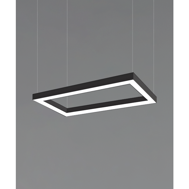 12100-40-P-RC rectangular LED linear pendant light with black finish, 4-inch flush lens and aircraft cable suspension