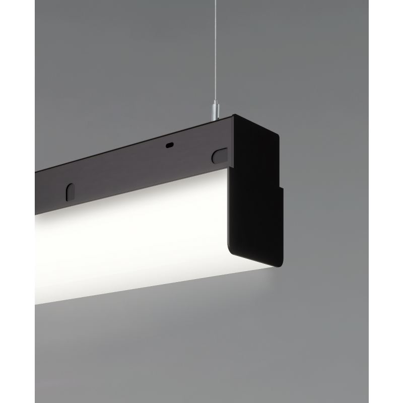 Alcon 12171-P, slim, rectangular bottomed, suspended pendant light shown in satin black finish and with a side wrapping flushed lens.