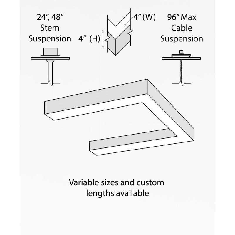 12100-40-P-U U-shaped LED linear pendant light with black finish, 4-inch flush lens and aircraft cable suspension