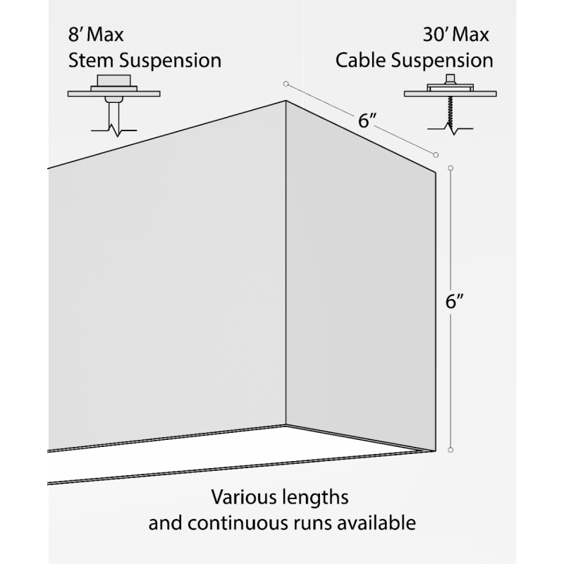 12100-66-P 6-inch LED linear pendant light shown with a black finish, flush lens and aircraft cable suspension