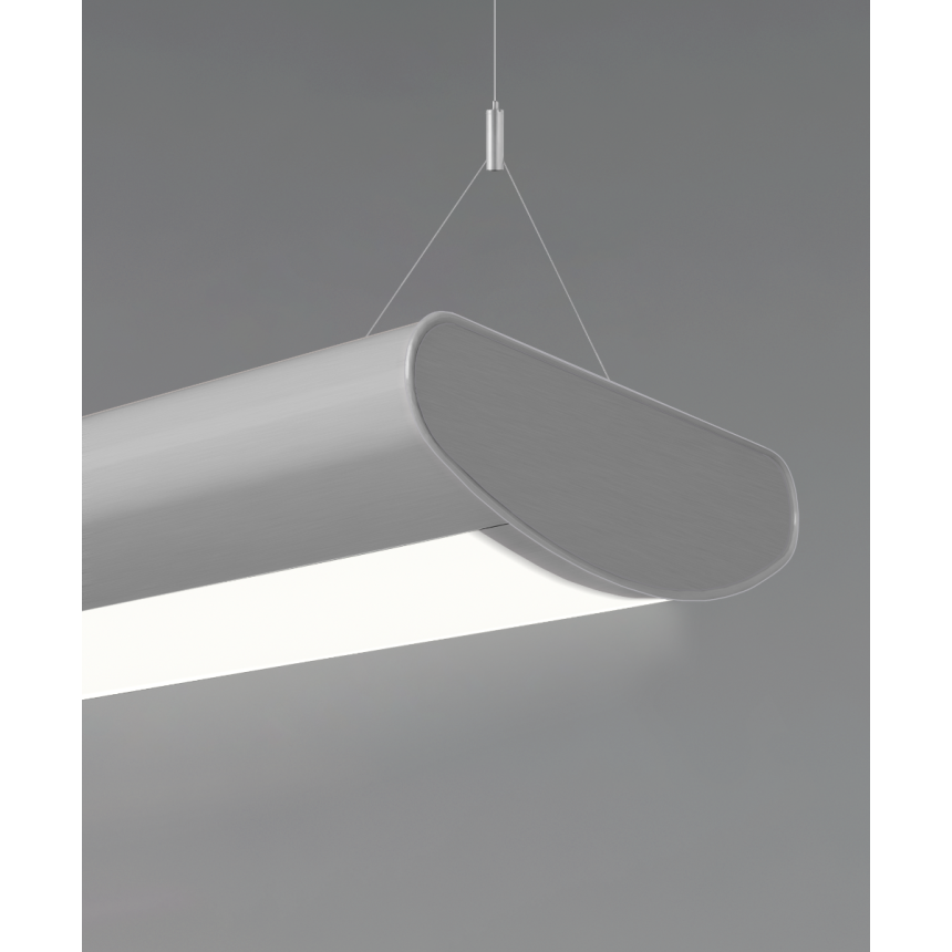 12032 half-oval LED linear light shown in steel finish with central, curved frosted lens and aircraft cable suspension