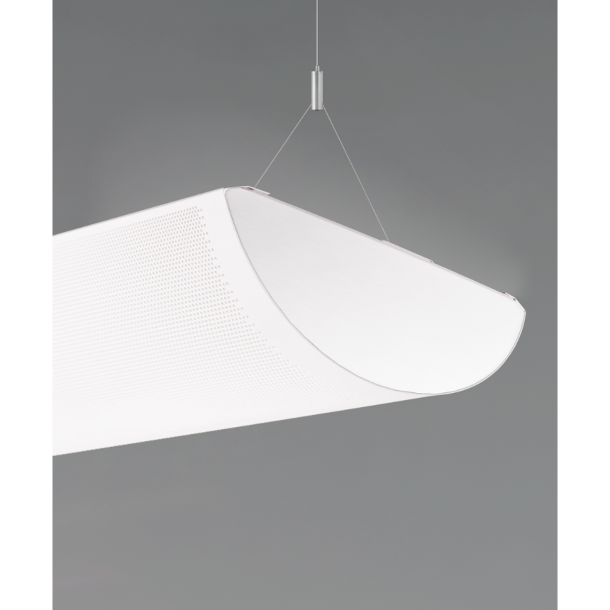 12033 half-moon suspended pendant light shown in white finish with wrapping curved perforated lens